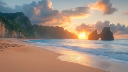 Fototapeta premium Sunrise beach with dramatic cliffs and rock arch