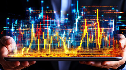 Digital Data Visualization: A businessman holds a tablet showcasing a captivating data visualization in vibrant colors, depicting a dynamic and complex information landscape.