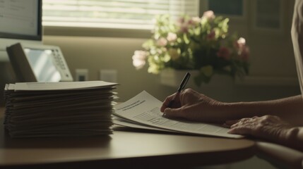 Hospital discharge as a nurse hands a post-care instructional booklet to a patient. Featuring thoroughness and care