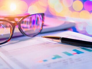 Fototapeta premium Glasses and pen on financial documents with colorful bokeh background, creating professional yet vibrant atmosphere