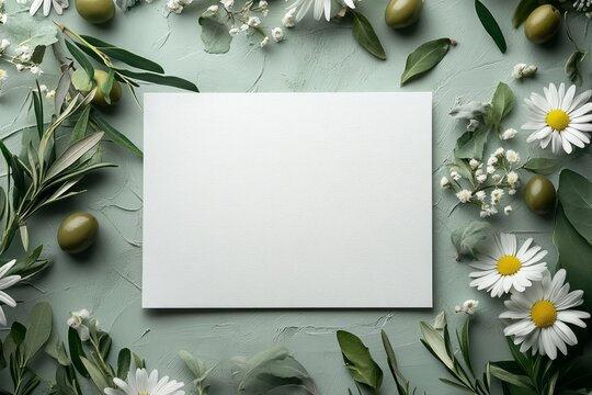 White empty card surrounded by chamomile flowers, olive tree branches and olives on a textured green background creating a natural, elegant and minimal composition