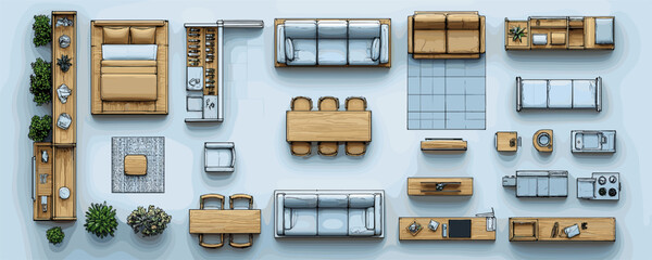 Modern home furniture top view layout with various living and dining room arrangements. Vector