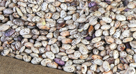 buckets of dried beans for sale by weight at the market