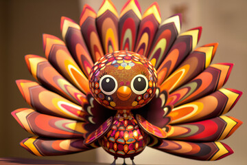 A cute cartoon-style turkey with vibrant, colorful feathers fanned out in a dazzling display
