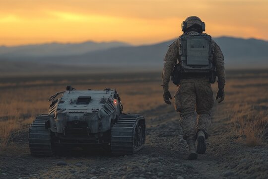 Soldier operating an unmanned ground vehicle (ugv) during a military exercise in the desert at sunset