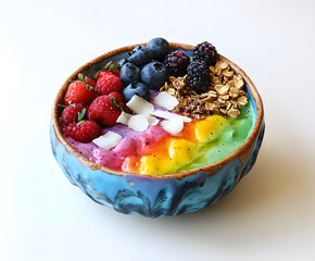 A vibrant and colorful smoothie bowl, filled with blueberries, red berries, coconut chips, yellow flowers, and granola, sits on an isolated white background. 