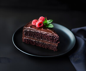 A piece of chocolate cake with fresh raspberries and mint on a black plate, isolated against a dark background, viewed from the side.