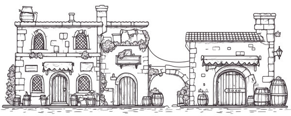 Obraz premium Charming line art of traditional european street with stone buildings and wooden barrels. Vector
