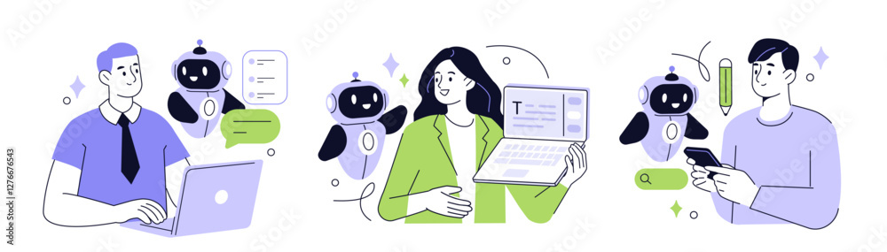 Poster ai technology set. characters using artificial intelligence generative tools for business tasks, con