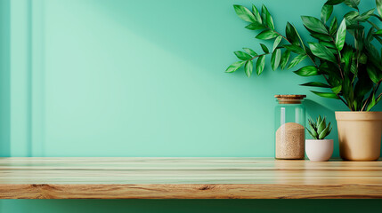 Table top with empty podium for product presentation on blur kitchen interior background, advertising