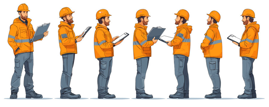Group of male construction workers in orange jackets with clipboards viewed from different angles. Vector