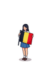 pixel art illustration depicting a woman against plain background holding a flag of romania/chad