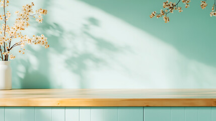 Table top with empty podium for product presentation on blur kitchen interior background, advertising