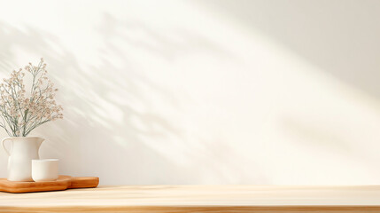 Table top with empty podium for product presentation on blur kitchen interior background, advertising