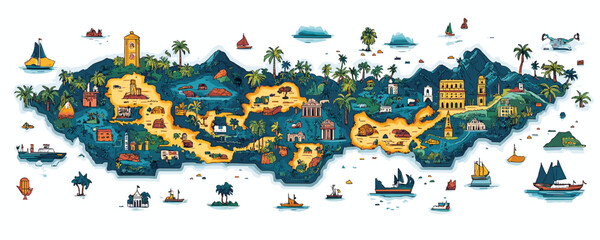 Obraz premium Illustrated map of tropical island with landmarks, ships, and palm trees. Vector