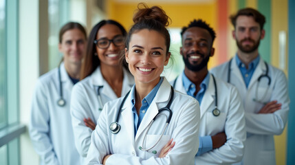 Fototapeta premium Group of healthcare professionals in white coats and stethoscopes pose in a hospital hallway. Team of doctors in white coats in a modern hospital