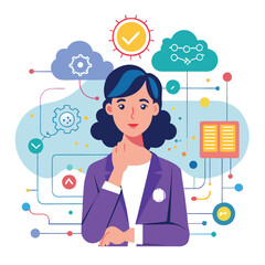 Woman thinking, digital brain with binary code, cloud, data layers with circuit. Ideal for AI, cloud computing, data analysis, innovation, technology digital transformation artificial intelligence 


