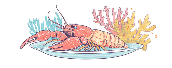 Colorful lobster illustration with coral background in nautical theme. Vector
