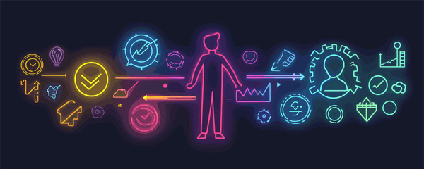 Obraz premium Futuristic technology interface with neon human and data symbols on dark background. Vector