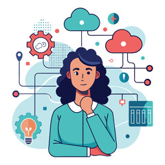 Woman thinking, digital brain with binary code, cloud, data layers with circuit. Ideal for AI, cloud computing, data analysis, innovation, technology digital transformation artificial intelligence 

