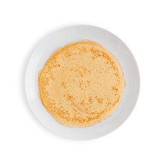 Top view of single traditional sweet homemade french crepe dessert or thin blini snack served on...