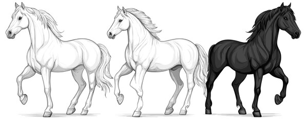 Three galloping horses: two white and one black with flowing manes on white background. Vector
