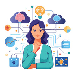 Woman thinking, digital brain with binary code, cloud, data layers with circuit. Ideal for AI, cloud computing, data analysis, innovation, technology digital transformation artificial intelligence 

