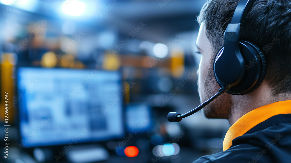 Poster logistics worker wearing headset focuses on computer screen in busy office