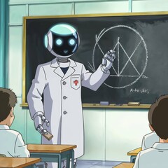 Robot teaches geometry in class while children listen and ask questions. Anime stile