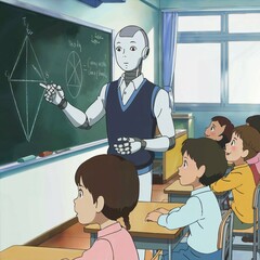 Robot teaches geometry in class while children listen and ask questions. Anime stile