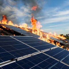 Fire and flames due to short circuit in solar panels on the roof of a house
