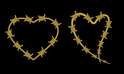 Vector drawing. A golden heart made of barbed wire,
 a set of hearts for design. The golden brooch