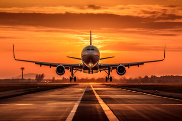 airplane landing at sunset front view