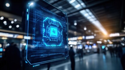 Digital innovation showcase futuristic technology display in urban train station promotional media cybernetic environment dynamic perspective