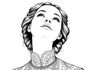 portrait of clean young woman looking upwards ,concept of an uplifting spiritual image ,happiness and joy  ,line drawing or engraving .