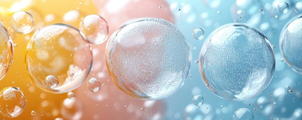 Colorful close-up of floating bubbles with textured reflections in mixed light