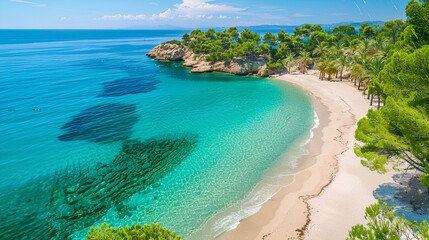 Fototapeta premium Crystal-clear turquoise beach with white sand and palm trees