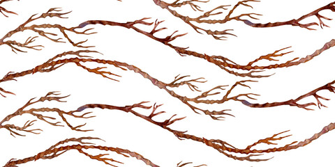 Bare brown branches with small twigs isolated on a white background. Seamless border. Watercolor template banner for card, pattern, fabric, poster, textile, web page, spring, winter, Halloween