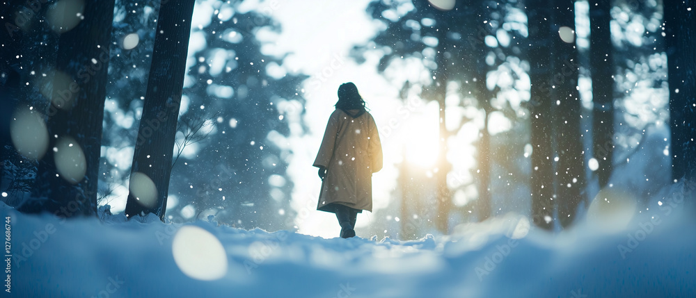 Poster person in coat walks through snowy forest with sunlight filtering through trees