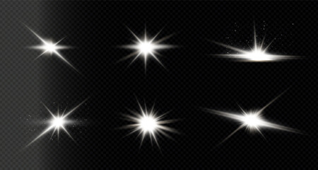 set of glowing lights with sparkles.
Lens flare, explosion, glitter, line, sun flash, spark and star.
Abstract image of lighting flare and white stars.
Vector illustration.