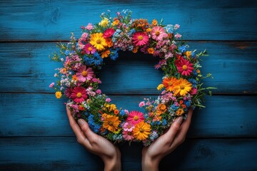 Delicate wreath of colorful wildflowers in rustic natural style