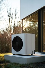 Modern air source heat pump outside a contemporary residential building