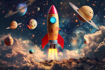 Obraz premium A fun, child-centric space scene featuring a playful rocket soaring through a colorful