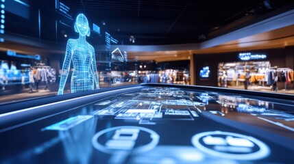 Innovative retail technology showcase modern store digital display urban environment close-up view futuristic concepts