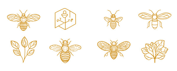 Honey bees and nature-themed line art collection on a white background. Vector