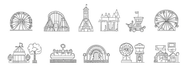 Amusement park rides: ferris wheels, roller coasters, and carnival attractions in outline. Vector