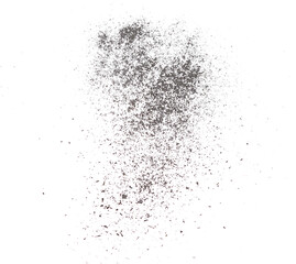 Black charcoal dust, gunpowder isolated on white background and texture, top view