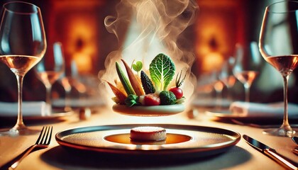 A beautifully plated gourmet dish floating in mid-air, surrounded by a soft glow. The dish appears to defy gravity with no visible support, and steam