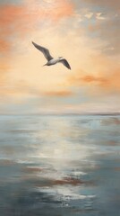 Fototapeta premium Minimal bird flying pass river outdoors painting seagull.