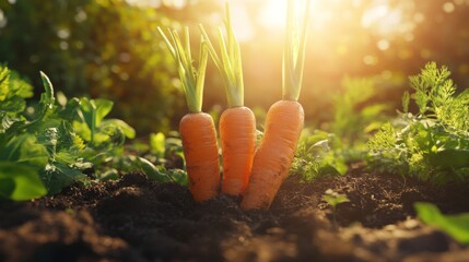 Fototapeta premium Three Carrots Growing In A Sunny Garden